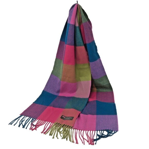 Plaid 100% Cashmere Scarf Fringed Preppy Colorful Pastel Soft Made in Scotland - Picture 3 of 7